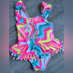 Betsy Johnson Neon Unicorn Swimsuit with Pom-Poms